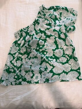 J. Crew Green and White Floral One Shoulder Top